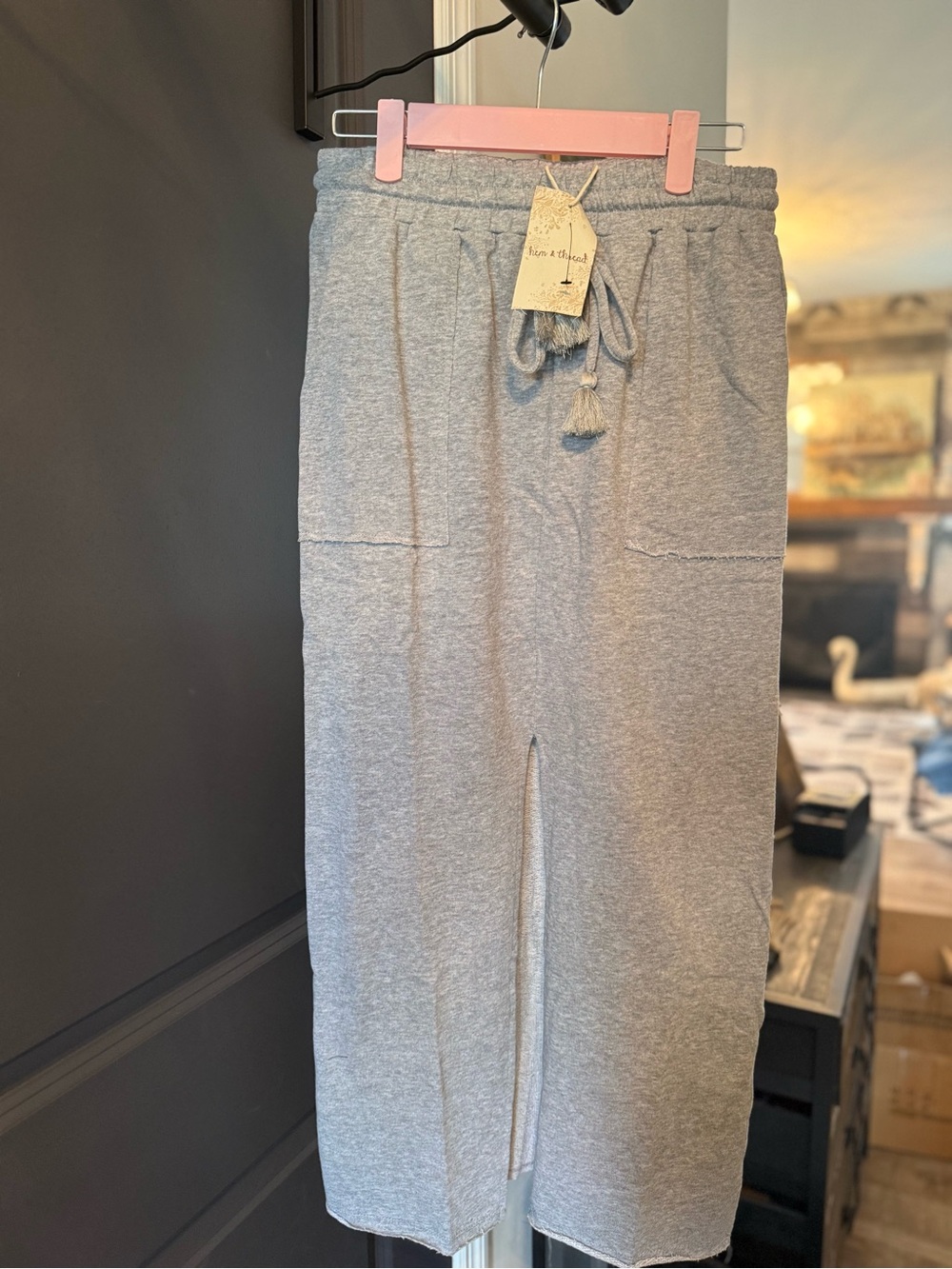 Hem & Thread Light Gray Midi Drawstring Skirt with Front Slit